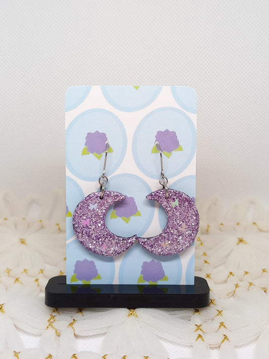 Purple Glittery Moon Earrings | Sparkles Collection