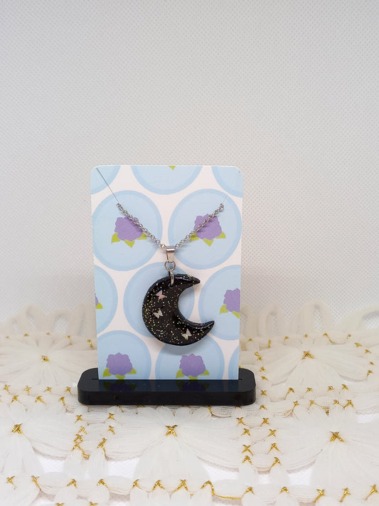 Black Glittery Moon Necklace | Sparkles Collection