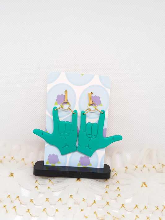 Green I Love You Sign Language Earrings | Deaf Awareness