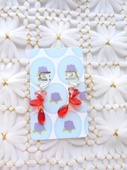 Red Floral Teardrop Huggie Earrings | One of a Kind