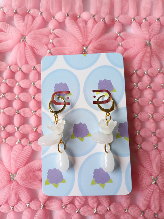 White Floral Teardrop Huggie Earrings | One of a Kind