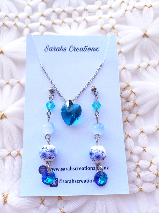 Blue Heart Necklace and Earrings set