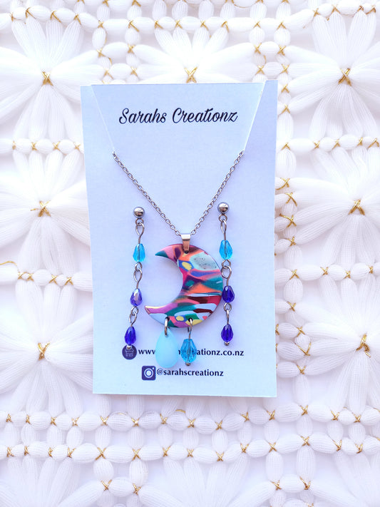 Multi-Coloured Moon Necklace and Earring set