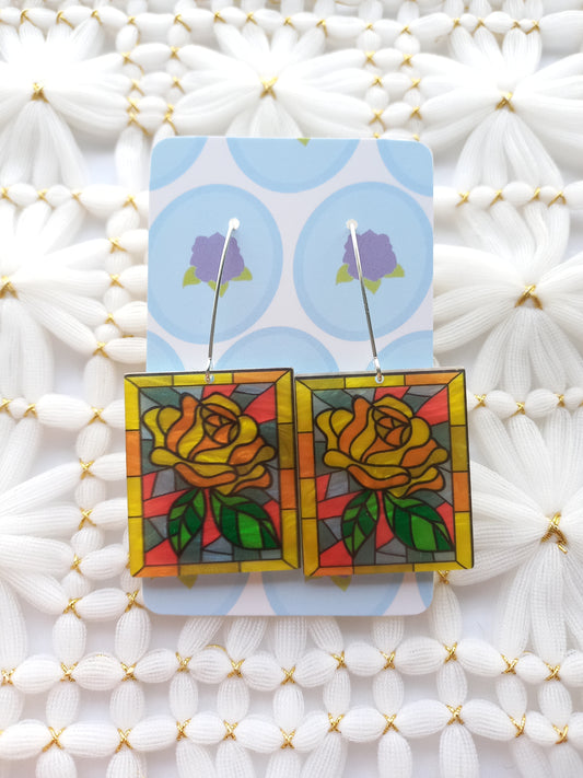 Yellow Rose Stained Glass Earrings | Flower Power