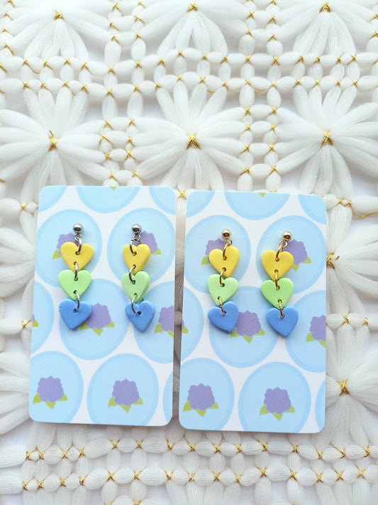 Yellow, Green & Blue Heart Chain Earrings | Love Collection