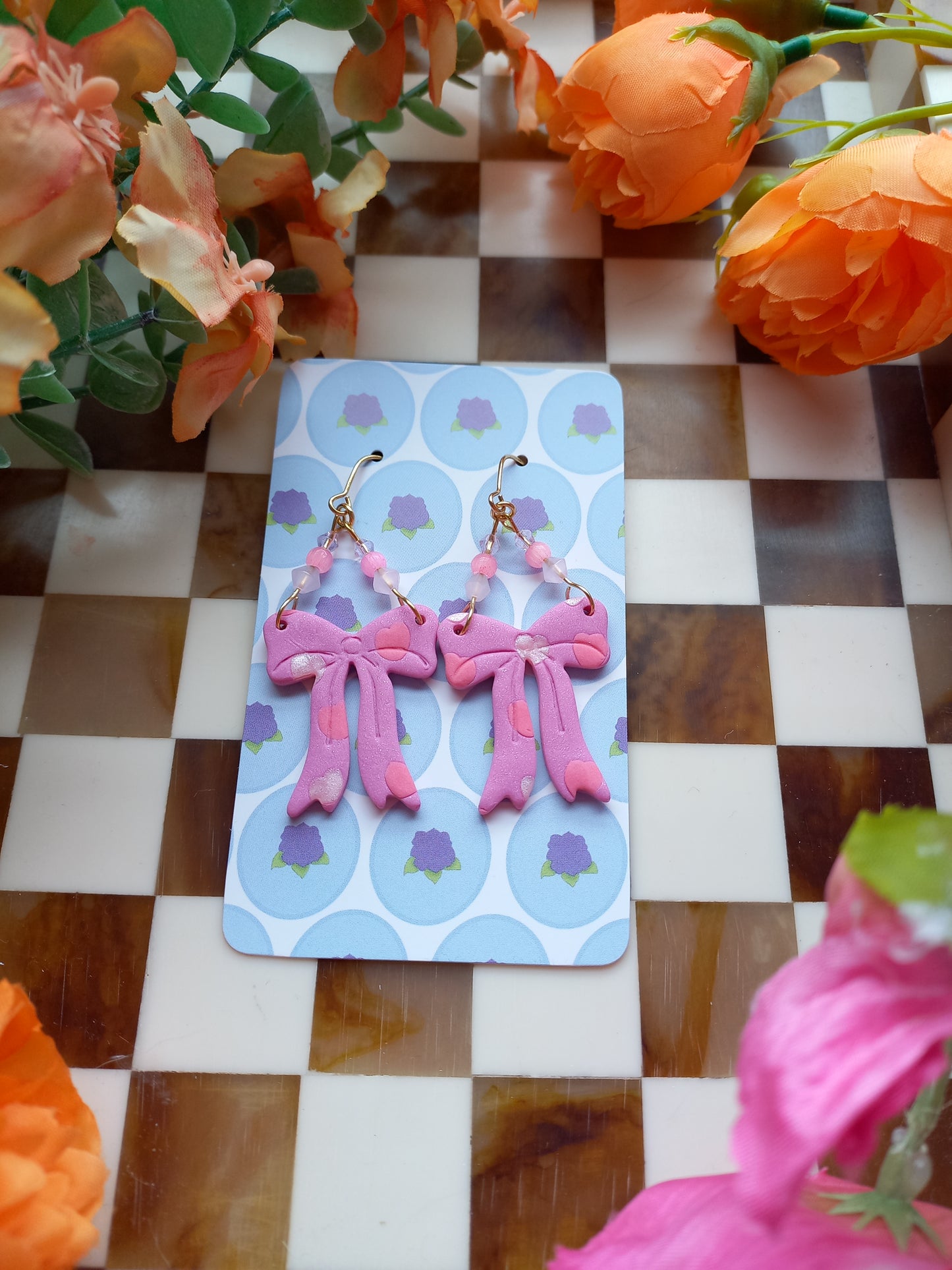 Pink Heart Bow Earrings