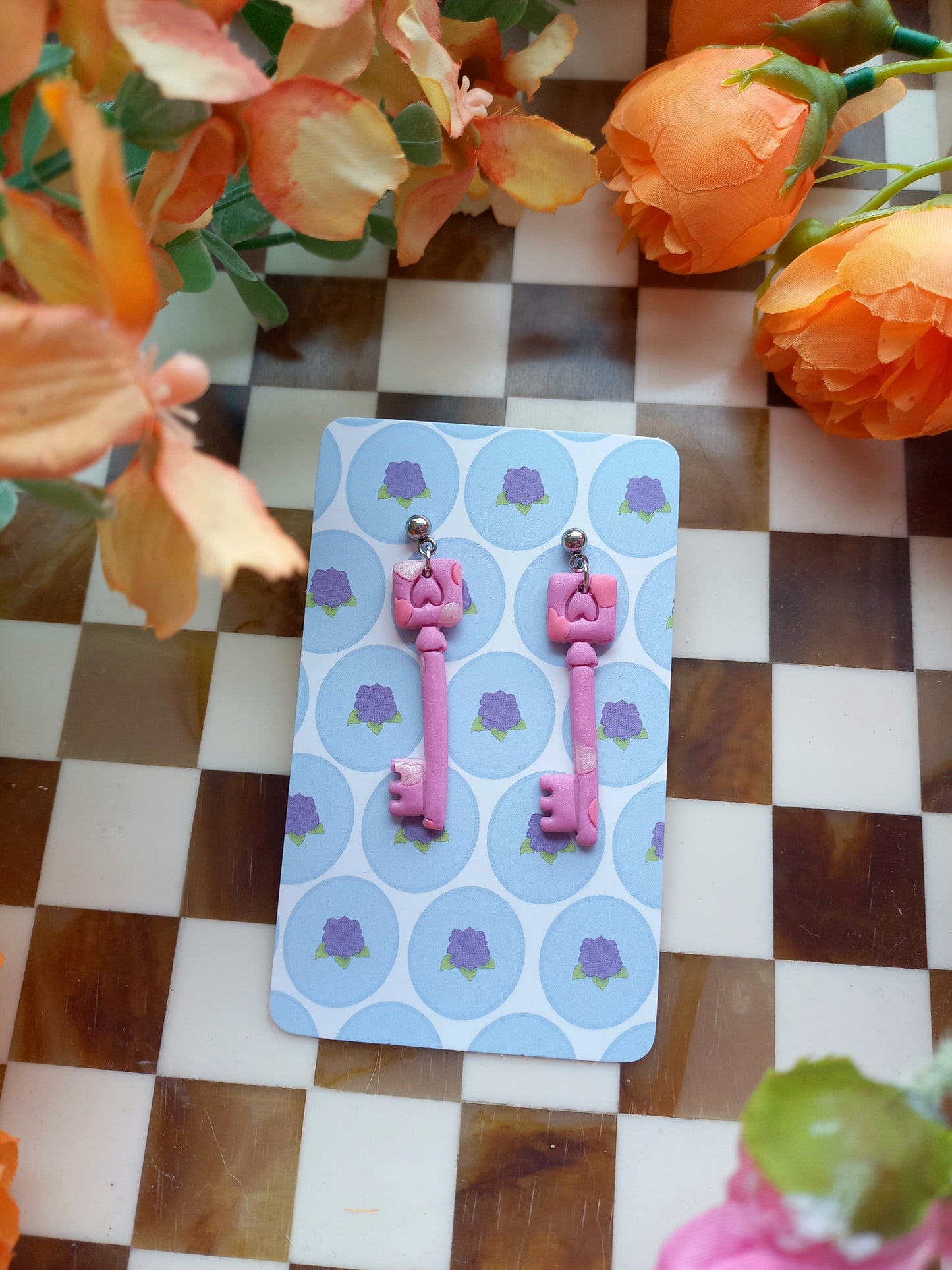 Pink Heart Key Earrings