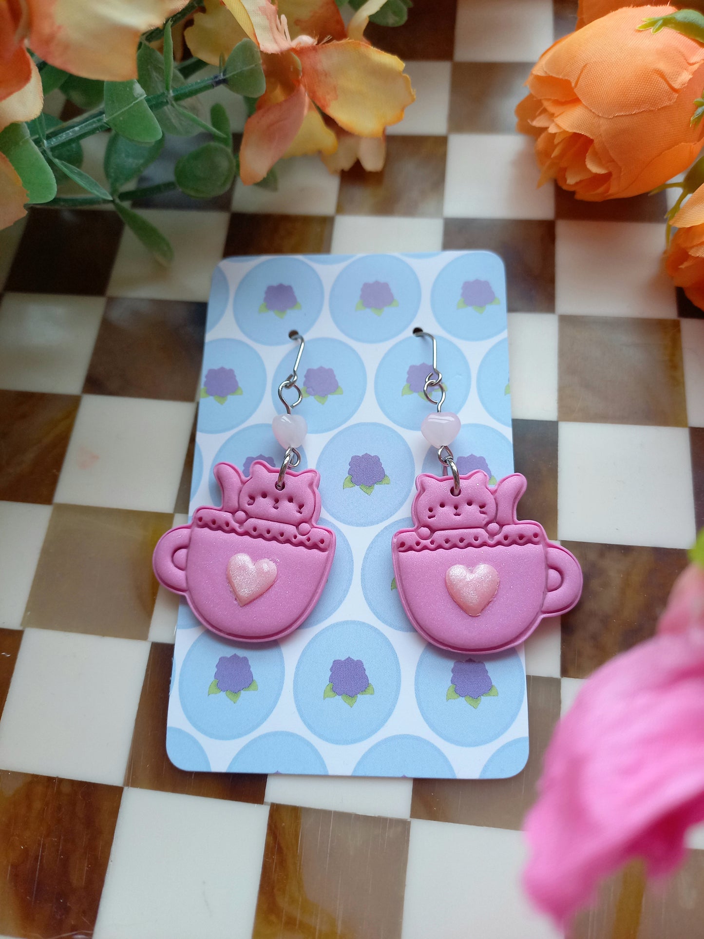 Pink Cat in Teacup Earrings