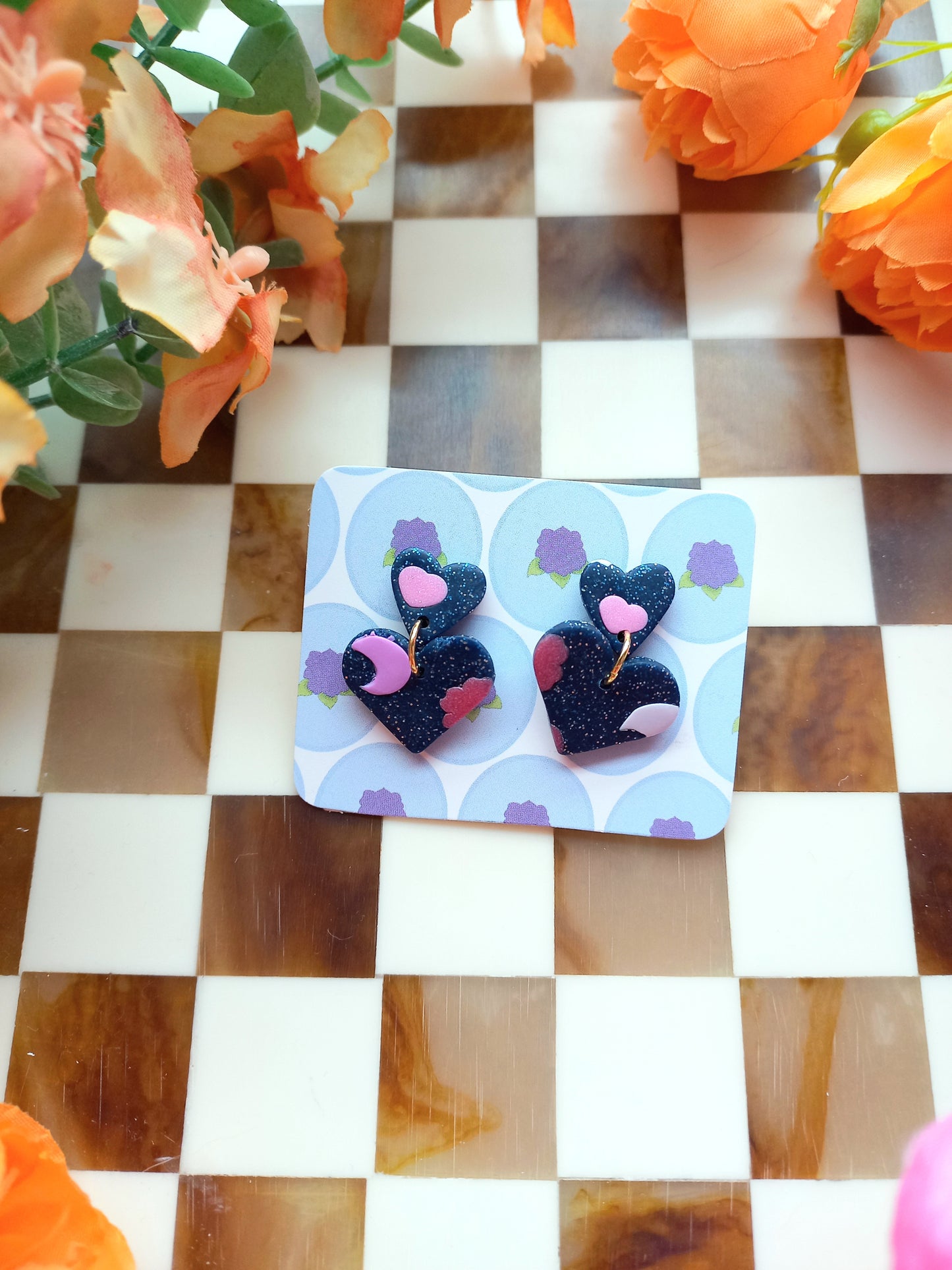 Dark Blue Tiered Heart Earrings