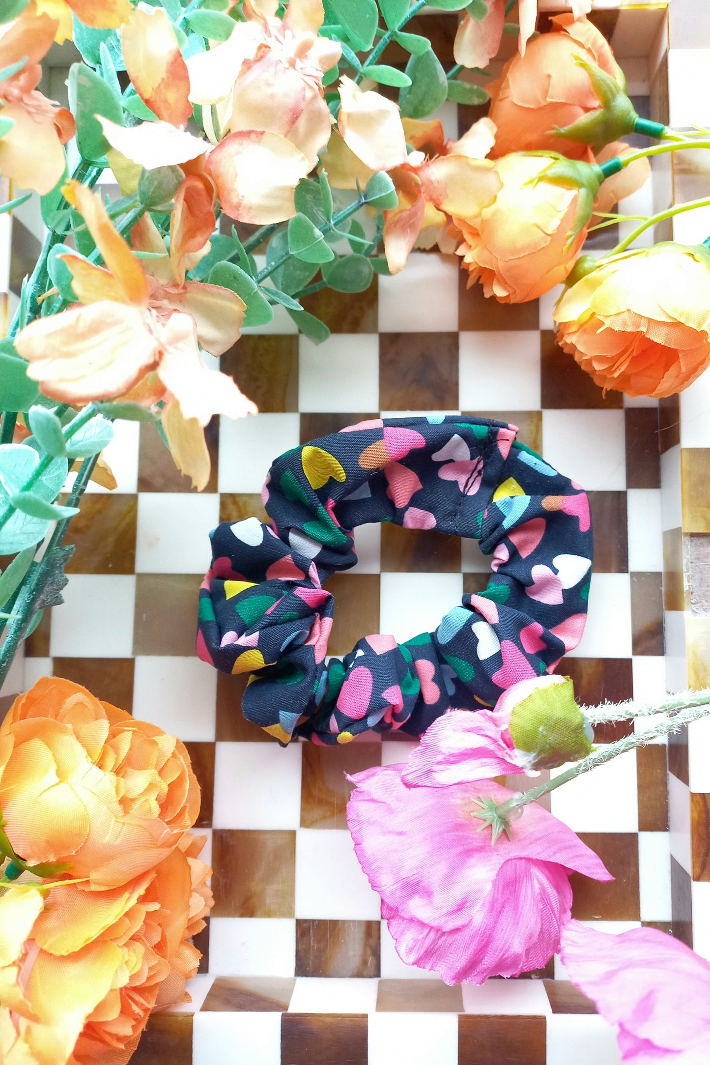 Blue Multi Coloured Heart Scrunchies