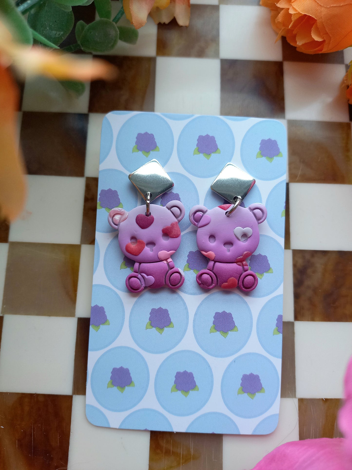 Lilac Purple Teddy Bear Earrings