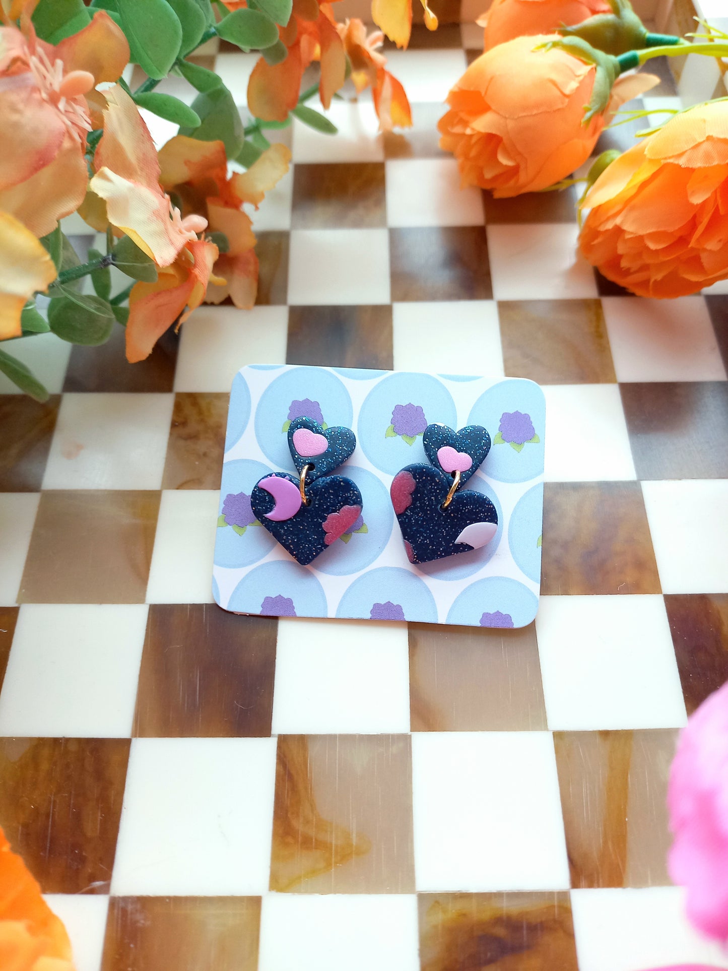 Dark Blue Tiered Heart Earrings