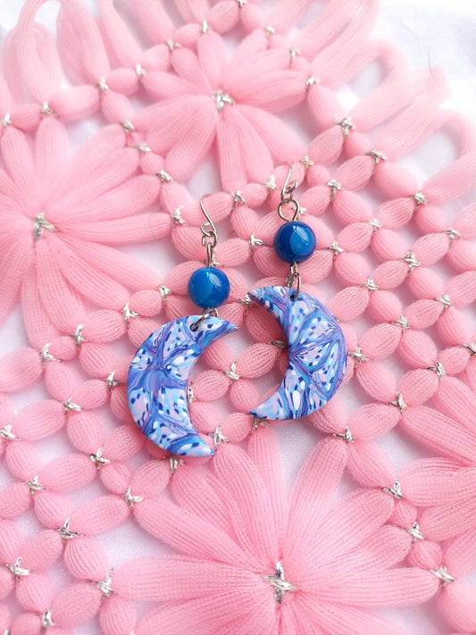 Blue Marbled Moon & Blue Agate Earrings | Blue Marbled Collection