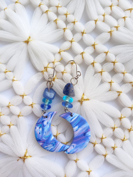 Blue & Purple Marbled Moon Earrings | Blue Marbled Collection