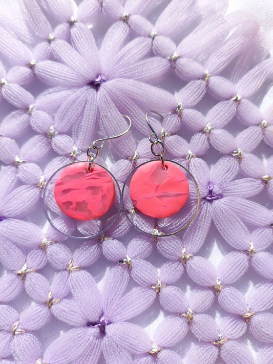 Pink Marbled Round Silver Earrings | Marbled Collection