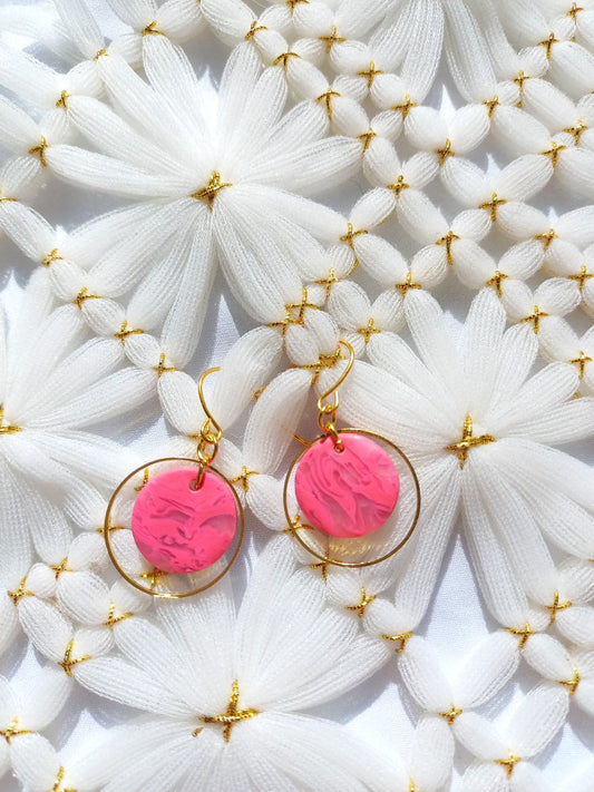 Pink Marbled Round Gold Earrings | Marbled Collection