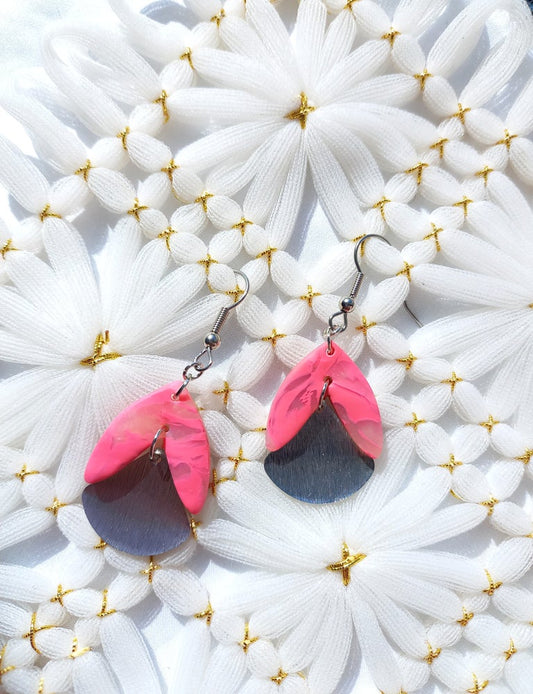 Pink Marbled Botanical Drop Silver Earrings | Marbled Collection