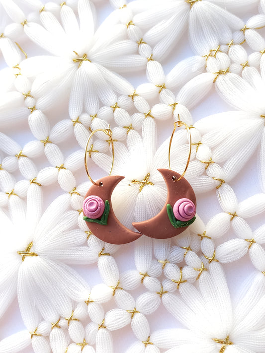 Light Brown Floral Moon Hoops | Celestial Collection