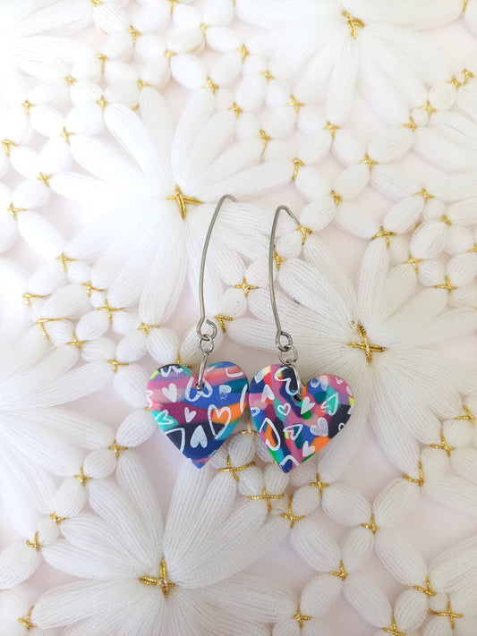 Long drop multi-coloured heart earrings | Love Collection